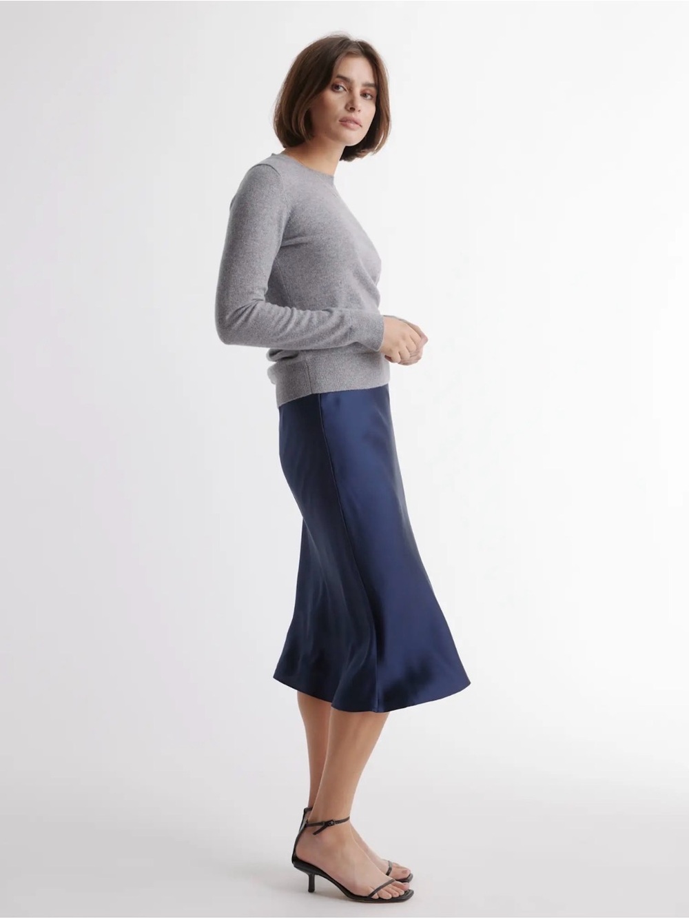 Quince Navy Satin Bias Midi Skirt
